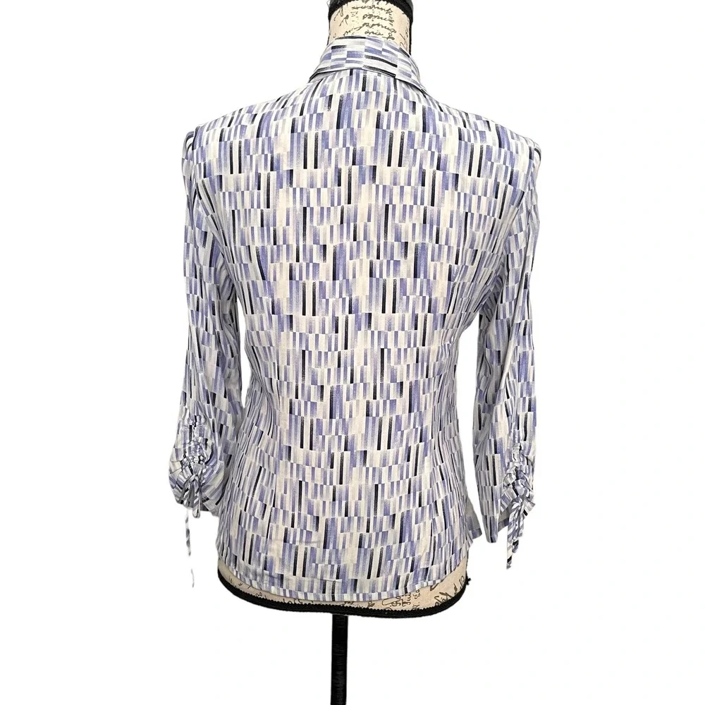 Gianni Blouse Womens 6 Blue Geometric 3/4 Cinched Sleeve 90s Art to‎ Wear USA